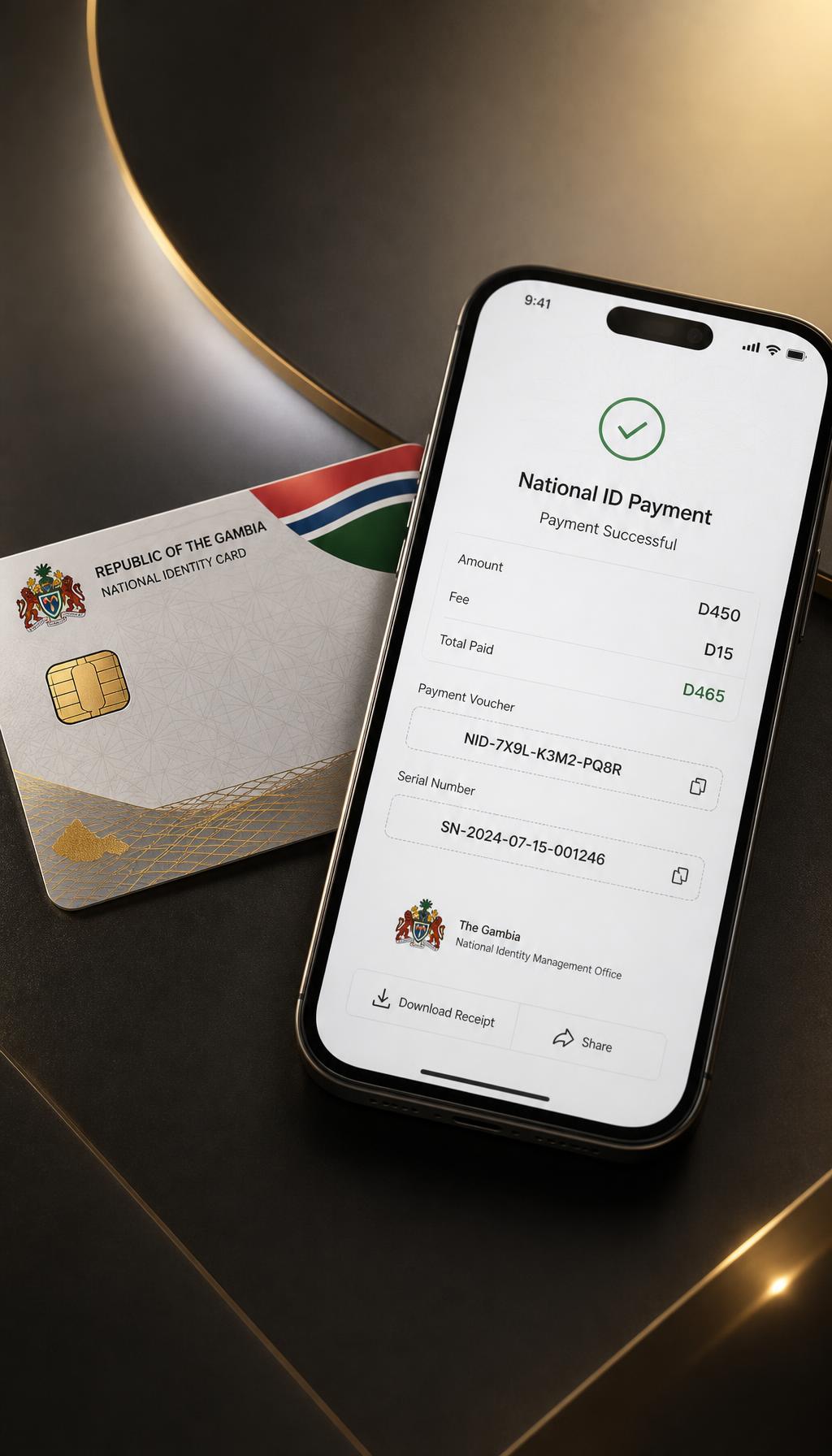 Gambian national ID card next to a phone showing a Waychit National ID payment receipt